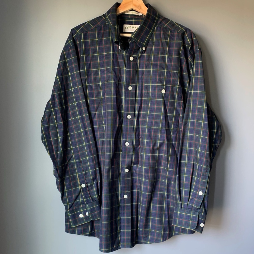 Orvis Mens Plaid Button Down Shirt Size Large